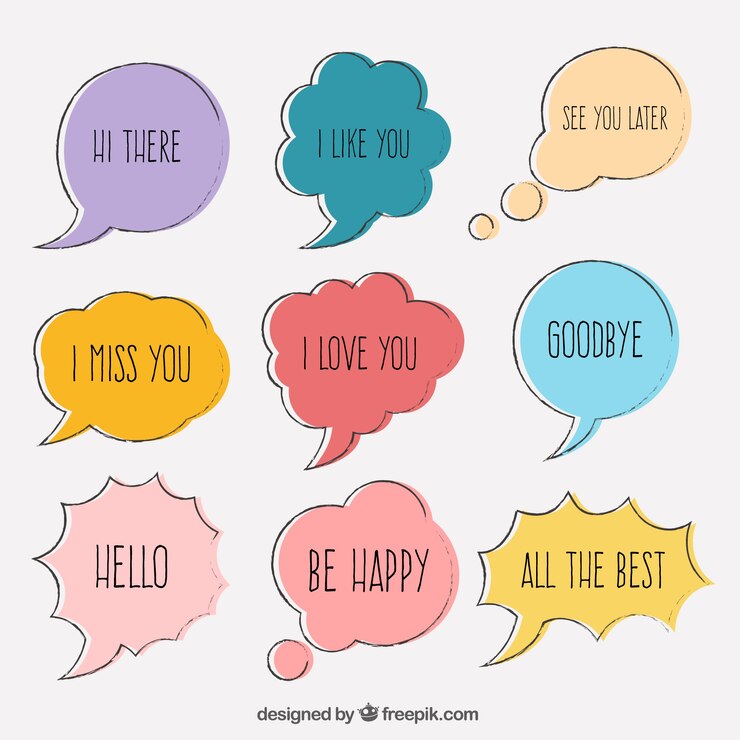 Vettore gratuito confezione di disegnati a mano discorso bolle colorate con frasi