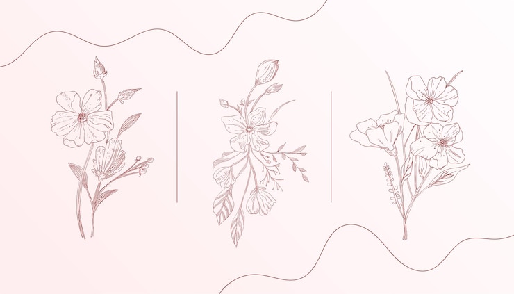 Vettore gratuito confezione di line art elegante banner di design di fiori e foglie