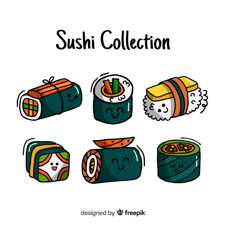 Vettore gratuito confezione di sushi kawaii disegnato a mano