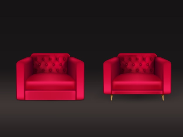 Confortevole Chesterfield, Lawson, sedie club con pelle rossa, tappezzeria in tessuto, gambe in legno 3d illustrazione realistica isolata sul nero. Mobili per la casa moderni, elemento di interior design della casa