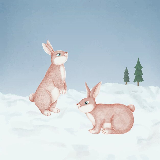 Conigli rosa disegnati a mano in una foresta nevosa