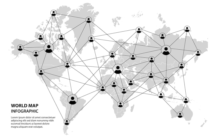 Vettore gratuito connessione di rete globale mappa del mondo persone icone e composizione di linee concetto di business globale