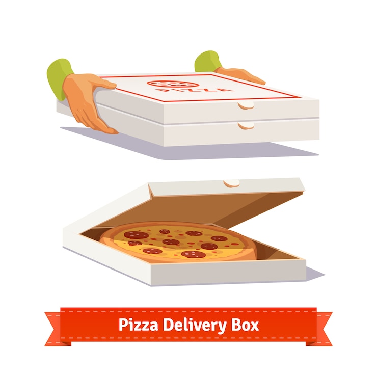 Vettore gratuito consegna della pizza. consegna di una scatola di pizza