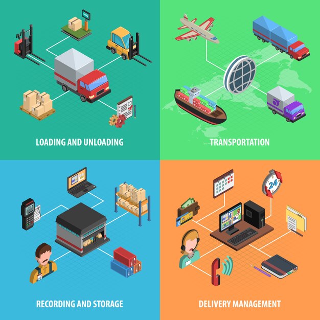 Consegna e Set di icone isometrica quadrata logistica