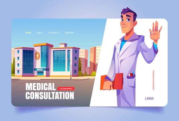 Consultazione medica pagina di destinazione del fumetto medico maschio saluto agitando la mano