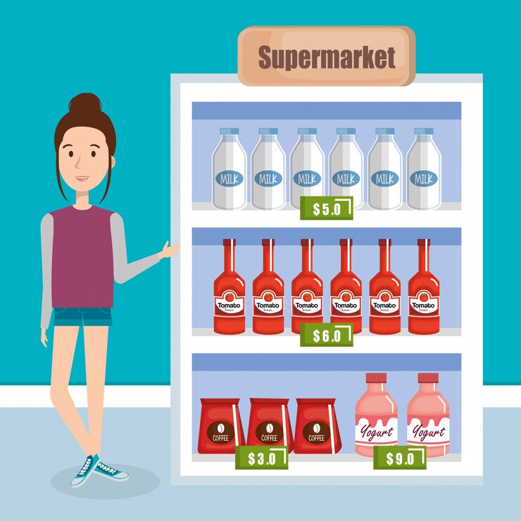 Vettore gratuito consumatore con generi alimentari del supermercato