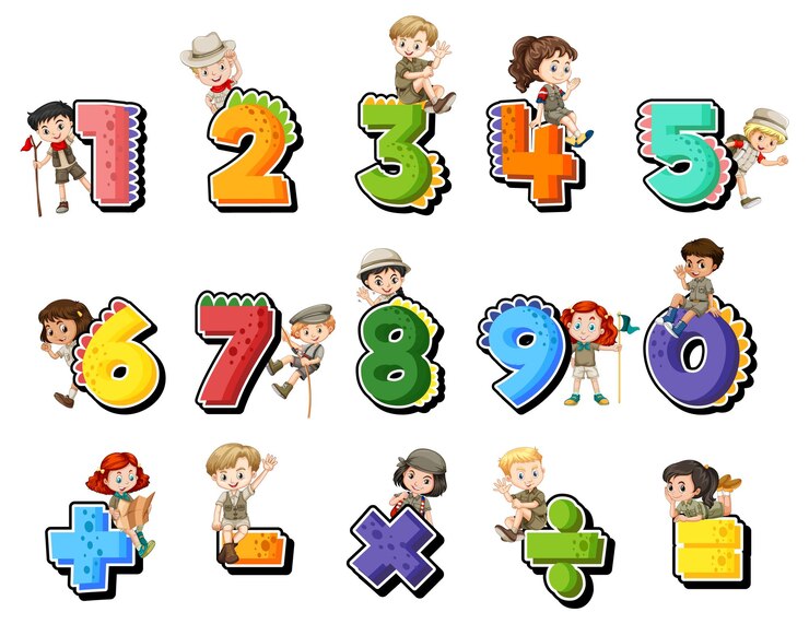 Vettore gratuito conteggio dei numeri da 0 a 9 e simboli matematici