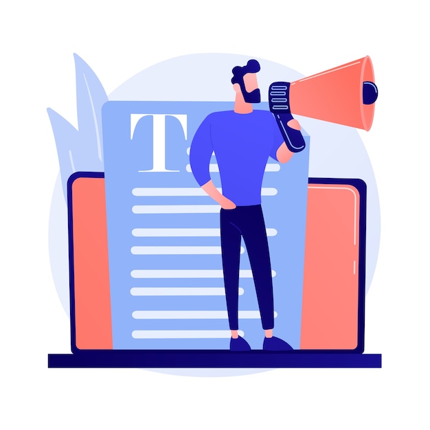 Content e mass media marketing. Copywriting pubblicità su Internet. Articolo promozionale, notizie, trasmissioni. Blogger, persona che tiene il concetto di megafono illustrazione