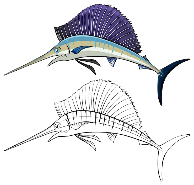 Vettore gratuito contorno di doodle animale per pesce spada