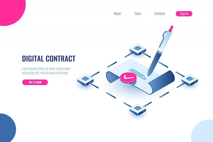 Contratto intelligente digitale, concetto di icona isometrica di firma elettronica, tecnologia blockchain