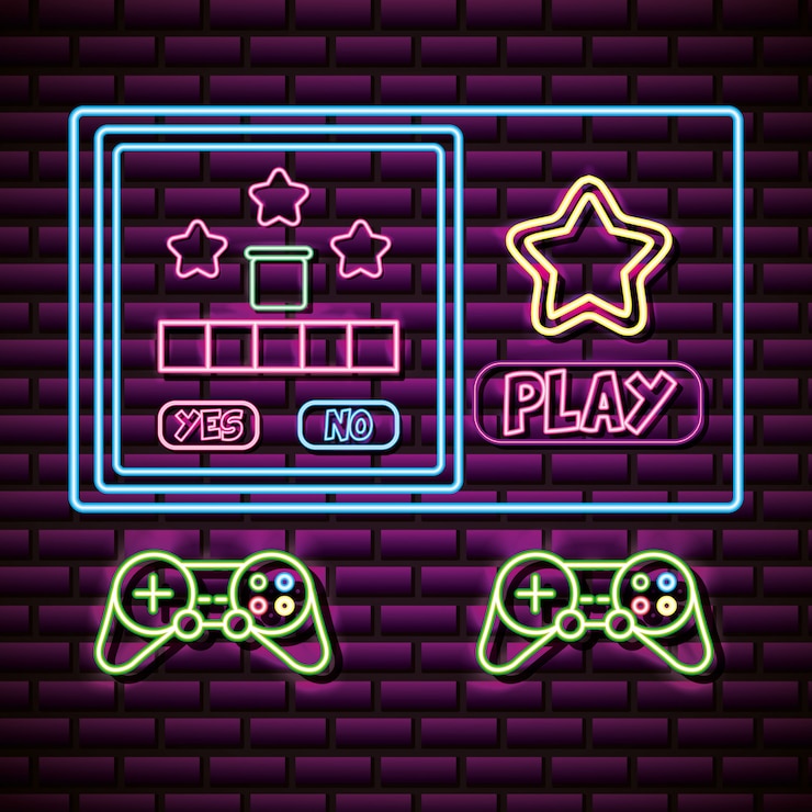 Vettore gratuito controlli e oggetti per videogiochi su muro di mattoni, stile neon