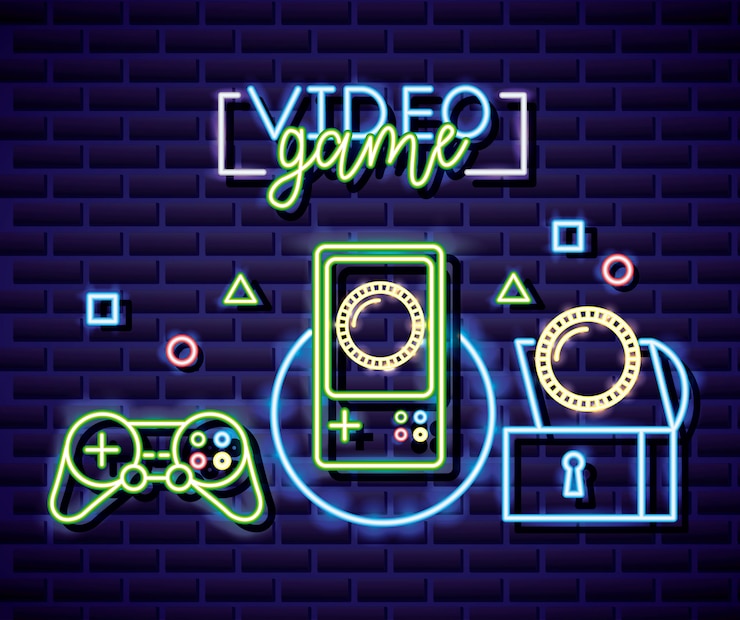 Vettore gratuito controllo, console, monete e oggetti, videogiochi neon stile lineare