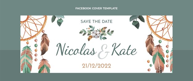 Copertina facebook di matrimonio boho ad acquerello
