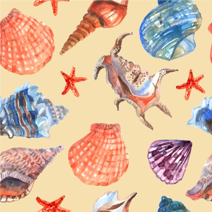 Vettore gratuito coperture e stelle marine marine sulla carta da parati di vacanza estiva della spiaggia del mare