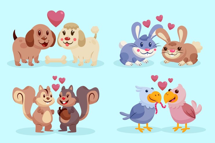 Vettore gratuito coppia di animali di san valentino design piatto