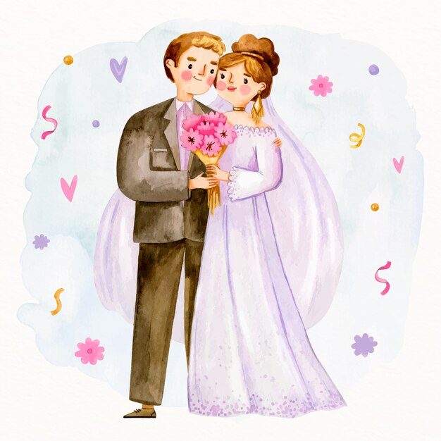 Coppia di sposi carini e bouquet di fiori