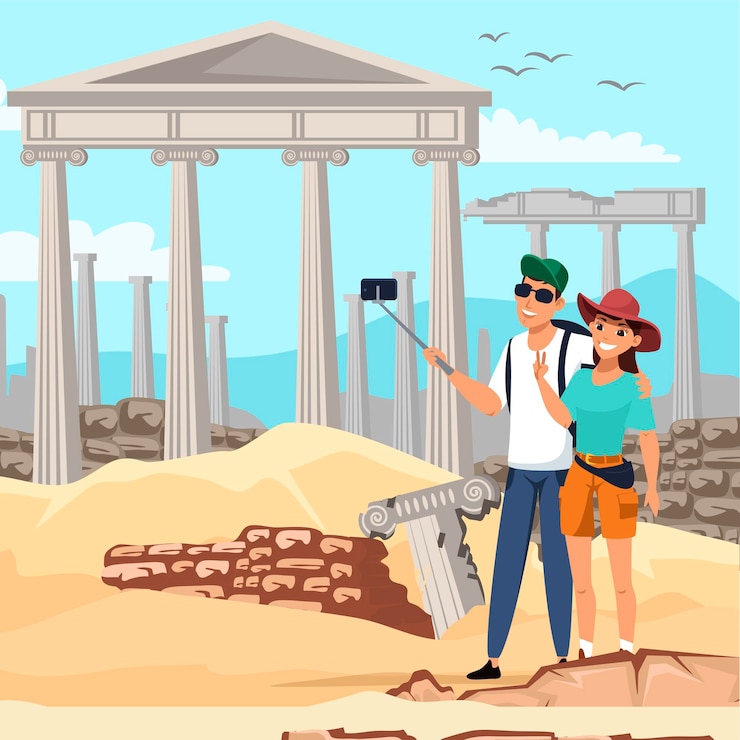 Vettore gratuito coppia di turisti che guardano le attrazioni della grecia donna e uomo che fanno foto di selfie antica colonna di rovine in escursione
