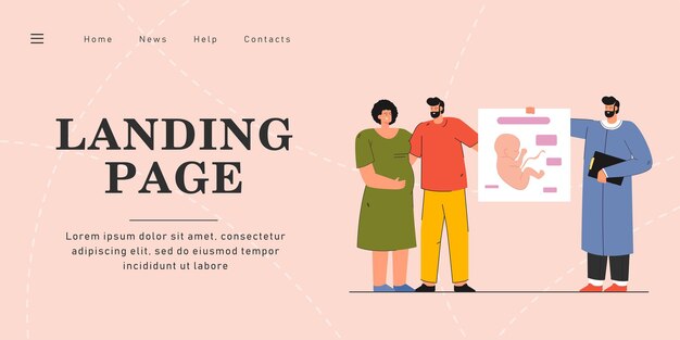 Coppia felice in attesa del bambino. Illustrazione vettoriale piatta. Ginecologo con poster di feto umano, consigliando i futuri genitori. Gravidanza, genitorialità, medicina, concetto di consulenza per la progettazione di banner