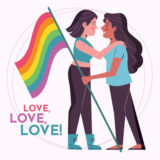 Coppia lesbica con bandiera lgbt illustrata