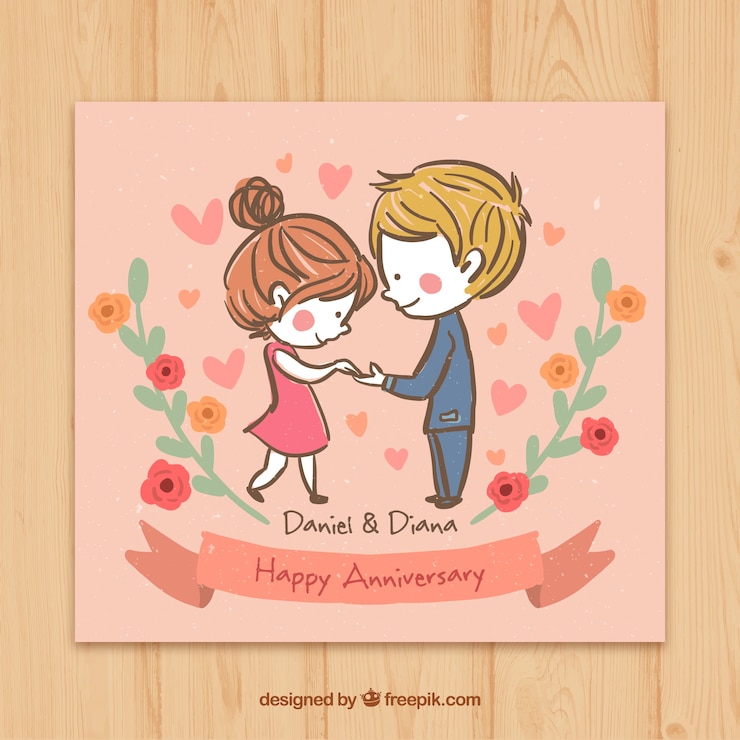 Vettore gratuito coppia sketchy in amore carta di felice anniversario