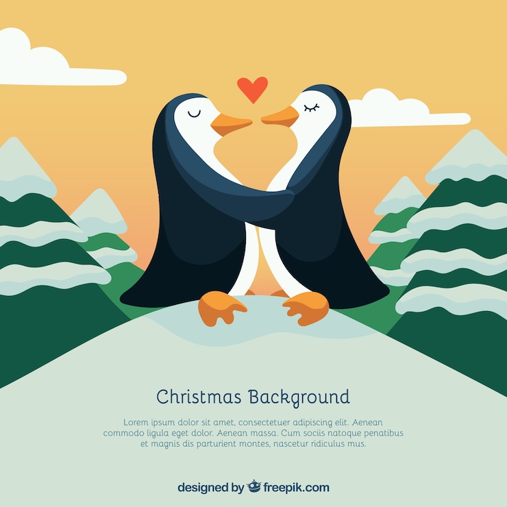 Vettore gratuito coppie del pinguino in amore, sfondo natale
