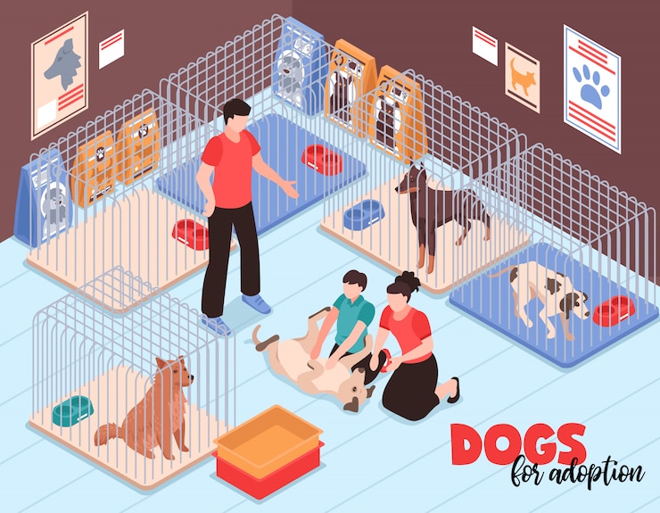 Vettore gratuito coppie della famiglia con il figlio durante la comunicazione con il cane allegro nell'illustrazione isometrica di vettore del rifugio per animali