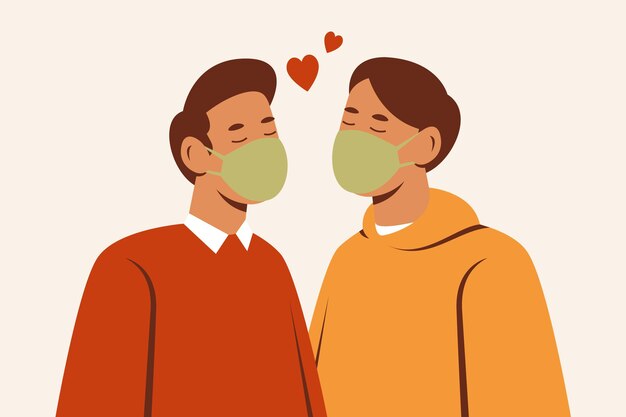 Coppie disegnate a mano che baciano con l'illustrazione della maschera covid