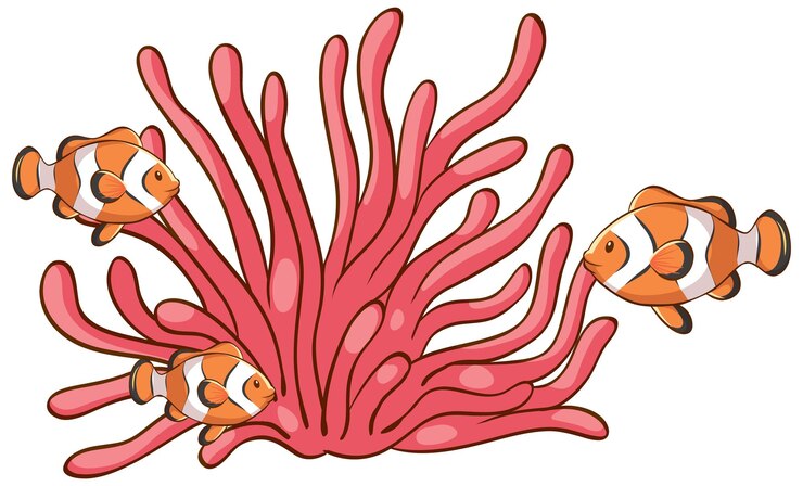 Vettore gratuito corallo di mare rosa con pesci pagliaccio su sfondo bianco