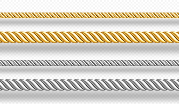 Corde d'oro e d'argento intrecciati spaghi isolati sul set realistico muro bianco di d bordi di decorazione di corde di raso dorato e metallico di corde di seta diritte