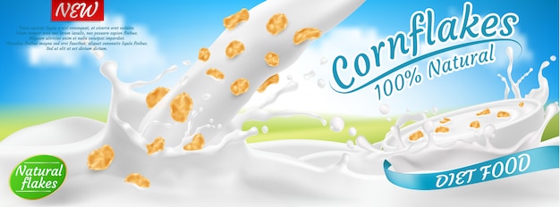 Cornflakes realistici 3d in latte, progettazione di pacchetto. Dieta cibo sano, nutrizione in una ciotola bianca