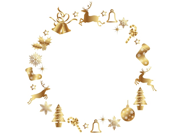 Cornice astratta della corona di vettore dell'oro di Natale con i fascini di Natale isolati su una priorità bassa bianca.