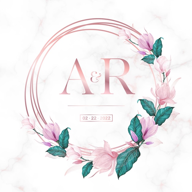 Cornice cerchio in oro rosa con motivi floreali su sfondo marmo per logo monogramma di nozze e carta di invito