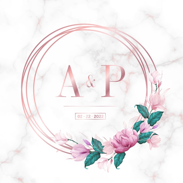 Cornice circolare in oro rosa con motivi floreali su fondo in marmo per logo monogramma di nozze e carta di invito