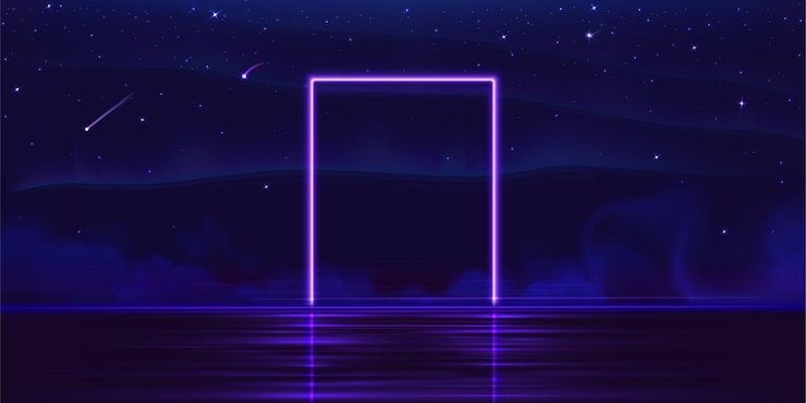 Vettore gratuito cornice di porta rettangolare a neon viola sull'acqua