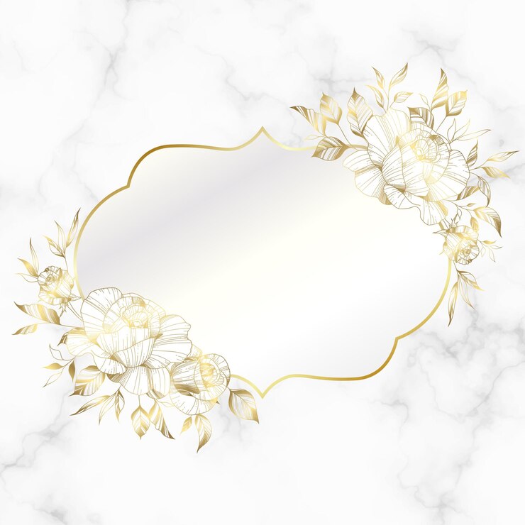 Cornice dorata d'epoca con fiore rosa su sfondo marmo.