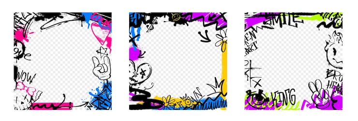 Vettore gratuito cornici di graffiti con etichette adesivi di vernice a spruzzo decorazione artistica di strada con gocce di inchiostro