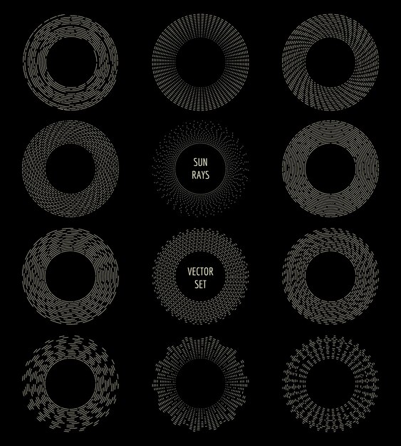 Cornici di raggi di sole radiali vintage in stile linea sottile. Logo hipster.