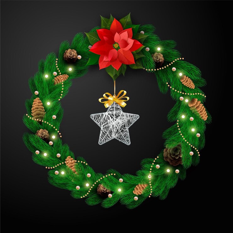 Vettore gratuito corona di natale realistica con fiore
