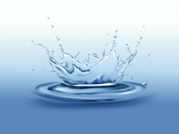Corona di spruzzo di movimento congelato con gocce e onde sulla superficie dell'acqua calma