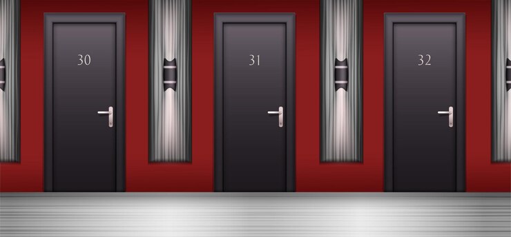 Vettore gratuito corridoio con porte composizione realistica con vista anteriore del passaggio modo con porte in stile moderno illustrazione vettoriale di riga