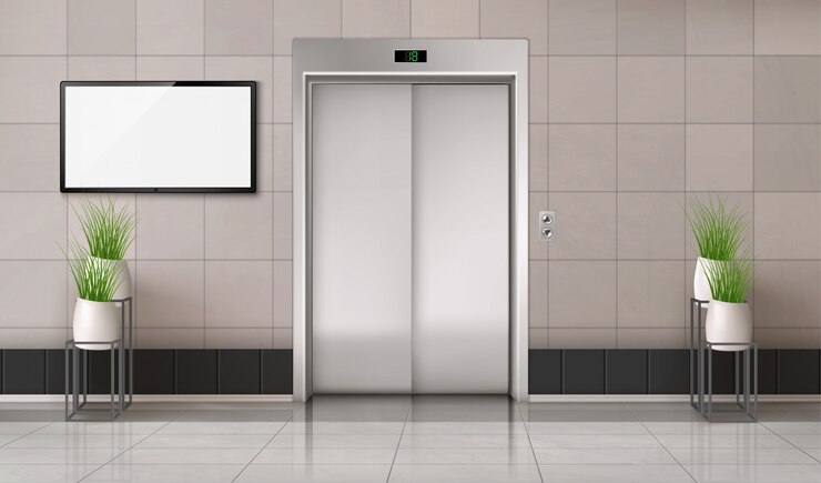 Vettore gratuito corridoio dell'ufficio con porta dell'ascensore chiusa e schermo tv sul muro