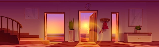 Corridoio domestico con porta aperta e vista sulla spiaggia del mare al tramonto Illustrazione del fumetto di vettore dell'interno della hall di casa o hotel con mobili scale in legno e oceano all'esterno