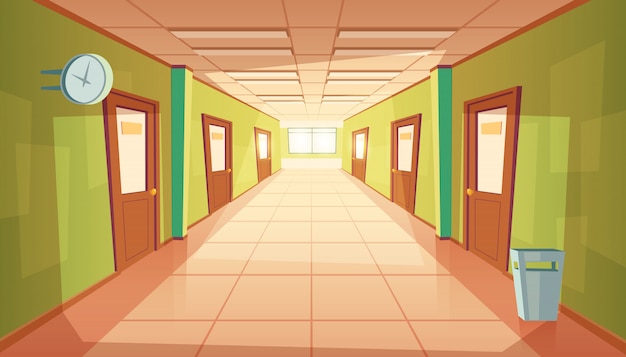 corridoio scuola dei cartoni animati con finestra e molte porte.