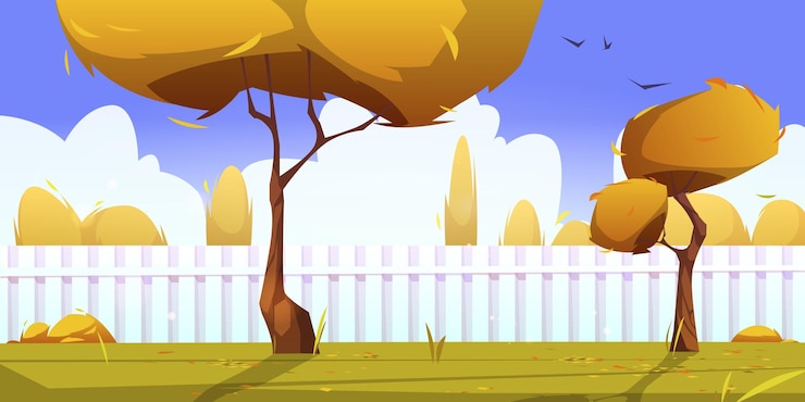 Vettore gratuito cortile casa autunnale con alberi gialli, cespugli