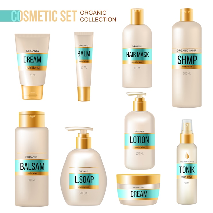 Vettore gratuito cosmetici biologici di lusso e collezione di prodotti di bellezza con crema per le labbra, balsamo per le labbra e dispenser di sapone
