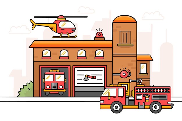 Costruzione della caserma dei pompieri disegnata a mano illustrata