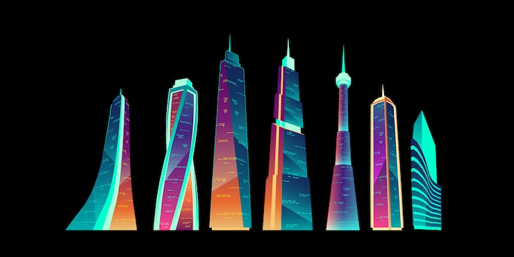 Vettore gratuito costruzioni futuristiche della città con l'insieme d'ardore al neon.