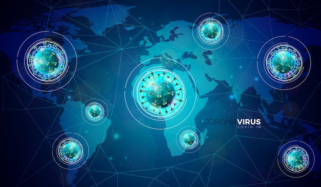 Covid-19. Progettazione dell'epidemia di coronavirus con la cellula del virus nella vista microscopica sul fondo blu astratto della mappa di mondo. Illustrazione epidemica di SARS pericolosa per banner o volantino promozionale.