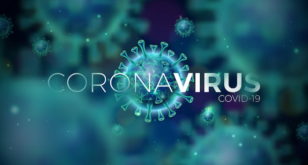 Covid-19. Progettazione di epidemia di coronavirus con cellula virale in vista microscopica su sfondo blu. Modello dell'illustrazione sul tema epidemico pericoloso di SARS per l'insegna o l'aletta di filatoio promozionale.