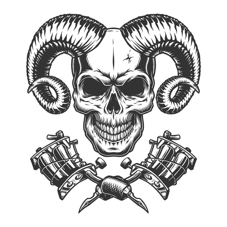 Vettore gratuito cranio di demone vintage monocromatico